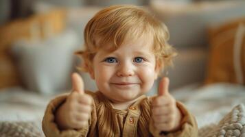 AI generated Happy Baby Giving Thumbs Up Outdoors with Golden Sunset Light photo