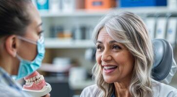 AI generated photo of Orthodontist using dental model while talks to her senior patient about dental procedure at dentist's office