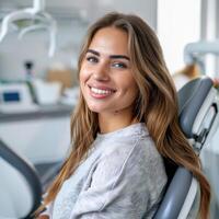 AI generated A woman with long hair is sitting in a dentist chair with a smile on her face photo