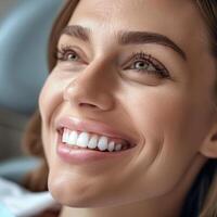 AI generated A woman with a bright smile is sitting in a dentist's chair photo