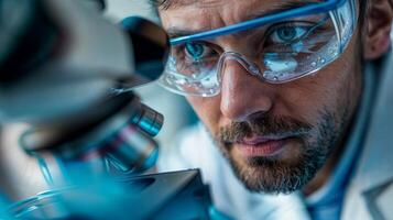 AI generated A male scientist wearing goggles and a lab coat is looking into a microscope. photo