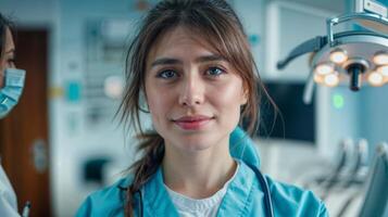 AI generated Dental Team Member Woman in Blue Uniform Stands Ready in Dental Clinic photo