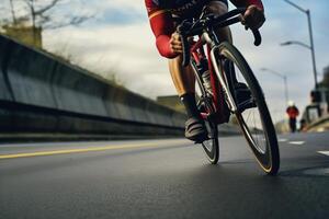 A man is pedaling a bicycle on the road, with the wheels spinning against the asphalt. The sky is filled with fluffy clouds as he rides his vehicle photo