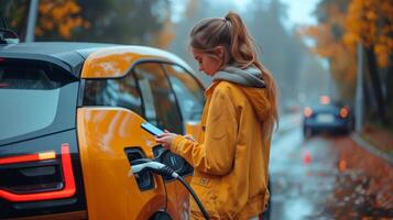 AI generated young girl checks her mobile phone while recharging electric car photo