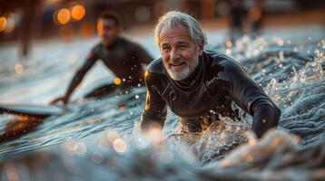 un hombre es felizmente montando un ola en un tabla de surf en el agua, disfrutando un sin prisa recreativo actividad. esta divertido agua deporte evento trae un sonrisa a su cara mientras él se involucra en el deporte de surf foto