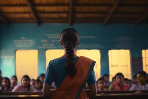 A woman is engaging a crowd of children in a fun and happy classroom event. The room is filled with excitement as the audience enjoys the competition and sports activities photo