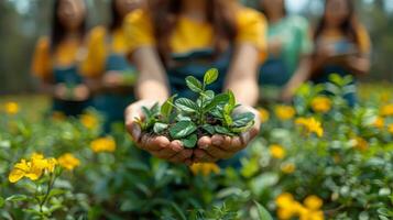 ai generado de cerca de manos plantando un planta de semillero mundo ambiente día concepto foto