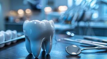 AI generated A tooth is displayed on a table with dental instruments photo