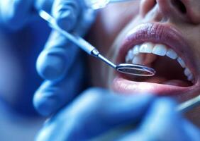 ai generado dental examen mujer pasando dental chequeo con boca abierto a el dentista foto