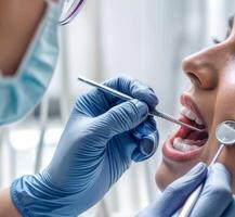 AI generated Dentist Visit Woman Undergoes Dental Examination with Mouth Open for Oral Health Assessment photo