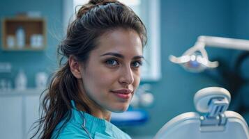 AI generated Dental Professional Woman in Blue Uniform Stands Confidently in Dental Office photo