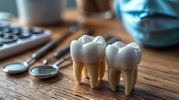 AI generated A model of two teeth on a desk surrounded by dental tools. photo