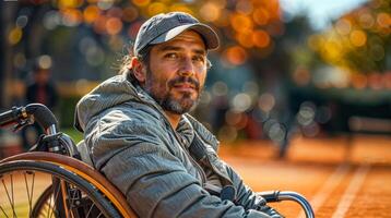 AI generated A man wearing a hat sits in a wheelchair on a tennis court. photo