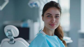 AI generated Clinical Staff Woman in Blue Uniform Poses in Dental Office Setting photo