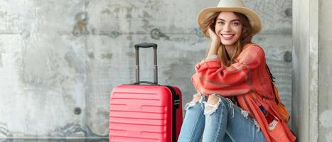 Vacation Vibes Happy Young Travelers Relax Near Suitcase in Simplistic Studio Setup photo