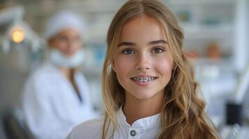 AI generated A young girl with braces is smiling at the camera photo