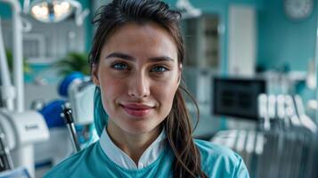 AI generated A woman in a blue uniform stands in a dental office photo