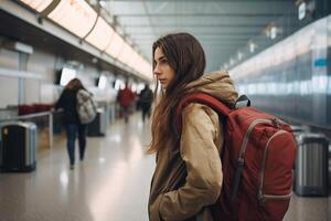 A woman with a red backpack is standing at an airport, ready to travel. Her luggage is neatly packed in the bag as she prepares to board public transport and explore the city for fun photo