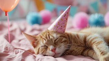 AI generated funny cat celebrating birthday on a bed with a party birthday hat photo