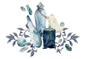 Hand drawn watercolor illustration sea witch altar objects. Glass vial jar blank tag, precious stones, burning candle algae leaves. Composition isolated on white background. Design print, shop, magic vector