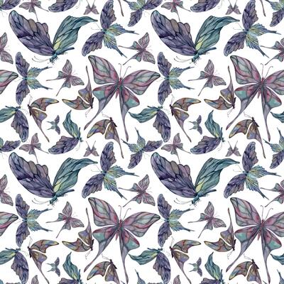 Hand drawn watercolor illustration butterfly fairy wings gem crystal insect moth. Amethyst emerald fluorite moonstone. Seamless pattern isolated white background. Design print, shop, wedding, package