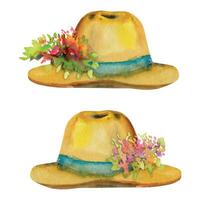 Hand drawn watercolor illustration spring gardening accessory, straw sun hat with flowers and leaves. Composition isolated on white background. Design print, shop, scrapbooking, packaging, decoupage vector