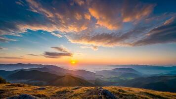 ai generado puesta de sol y montañas hermosa panorámico natural paisaje foto