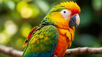 AI generated Beautiful Sun Conure bird on a branch in nature photo