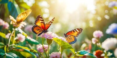 ai generado hermosa mariposa en el flor jardín en el Mañana foto