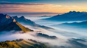 AI generated mountain landscape and fog Beautiful nature, panoramic photo