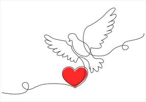 Continuous one line drawing of bird holding love shape vector art illustration