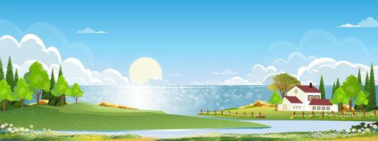 Nature Spring landscape village,Country house,Green Field with Cloud, Blue Sky,Vector horizon Natural rural Countryside with forest tree,Mountains in Sunny day,Cartoon Vector for Spring, Summer banner