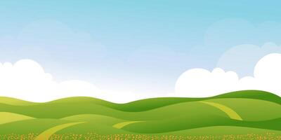 paisaje de campos verdes de primavera con fondo de montaña, cielo azul y nubes, panorama naturaleza rural pacífica en primavera con tierra de hierba verde. ilustración vectorial de dibujos animados para banner de primavera y verano vector