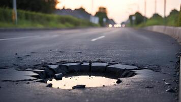 ai generado roto asfalto la carretera con baches y grietas en el superficie. foto