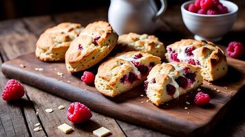 AI generated raspberry scones with cream cheese and raspberries photo