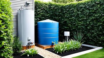 AI generated modern water tank in the garden with plants photo