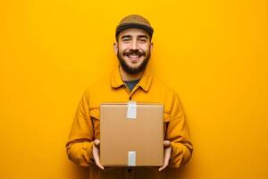 AI generated Man wearing yellow jacket and holding unopened package photo