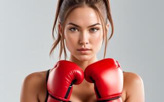 ai generado un mujer vistiendo un rojo boxeo guante foto