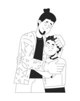 Single father young boy embracing black and white 2D line cartoon characters. Caucasian dad stroking child head isolated vector outline people. Comforting support monochromatic flat spot illustration