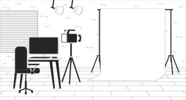 Chromakey screen at shooting set black and white line illustration. Empty video recording studio 2D line interior monochrome background. Realistic games development outline scene vector image