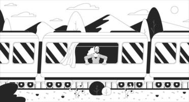 mirando fuera de tren ventana negro y blanco línea ilustración. emocionado mujer viajero 2d personaje monocromo antecedentes. ferrocarril pasajero. solo viajar. ferrocarril turismo contorno escena vector imagen