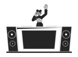 africano americano DJ a consola negro y blanco 2d línea dibujos animados personaje. hembra anfitrión de fiesta. negro deejay aislado vector contorno persona. Club nocturno música conjunto monocromo plano Mancha ilustración