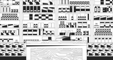 Pharmacy checkout counter black and white line illustration. Medication display 2D interior monochrome background. Pills drug store. Cabinet medicine. Pharmaceuticals shop outline scene vector image