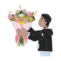 africano americano chico dando ramo de flores 2d lineal dibujos animados personaje. negro masculino niño aislado línea vector persona blanco antecedentes. floral arreglo infancia linda color plano Mancha ilustración