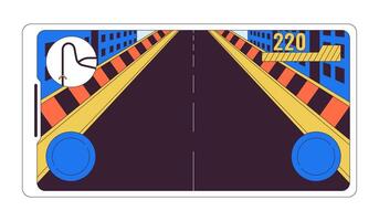 Empty racing track on smartphone screen 2D linear cartoon object. Virtual driver control panel isolated line vector element white background. Mobile gaming app color flat spot illustration