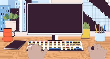 Black man working on computer 2D linear illustration concept. Blank screen monitor at workplace cartoon scene background. Office workspace with pc metaphor abstract flat vector outline graphic