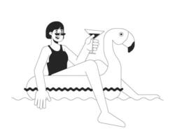 contento mujer en inflable flamenco negro y blanco 2d línea dibujos animados personaje. asiático hembra disfrutando piscina fiesta aislado vector contorno persona. junto a la piscina relajarse monocromo plano Mancha ilustración