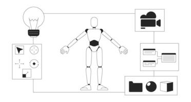 Video game character designing 2D linear illustration concept. Personage model drawing on desk cartoon scene background. Computer game development metaphor abstract flat vector outline graphic