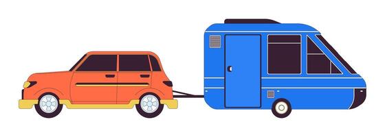 Car pulling trailer 2D linear cartoon object. Camping vehicle isolated line vector element white background. Adventure transport tow. Driving tiny house on wheels color flat spot illustration