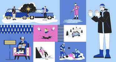 Winter hazards bento grid illustration set. Danger on road, avalanche, cold weather injuries 2D vector image collage design graphics collection. Freezing adults flat characters moodboard layout